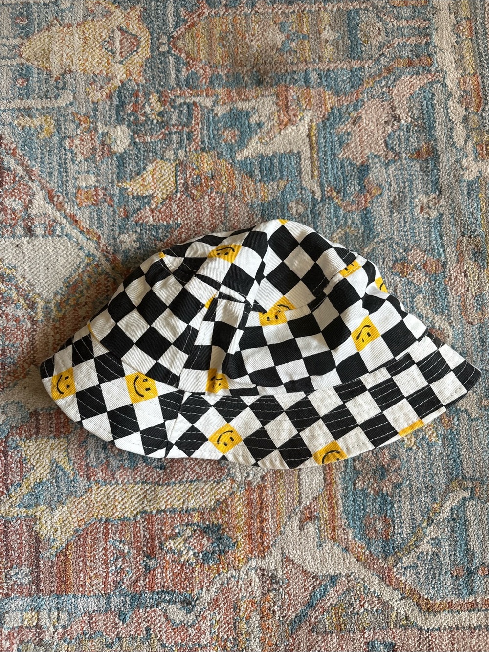 Black & White Checkerboard Kids Bucket Hat with Yellow Smile Accents